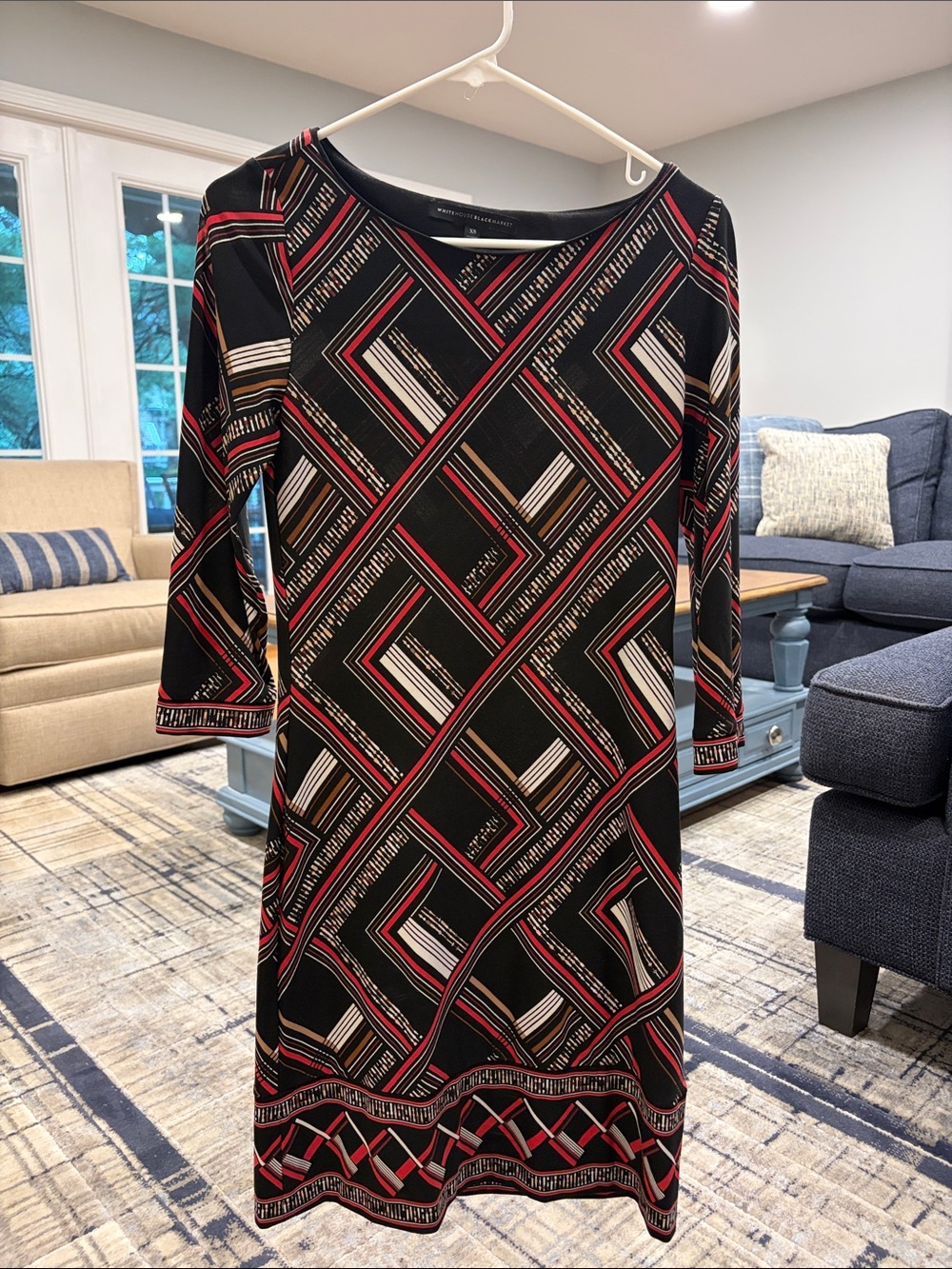White House Black Market Black Geometric-Print Long Sleeve Dress
